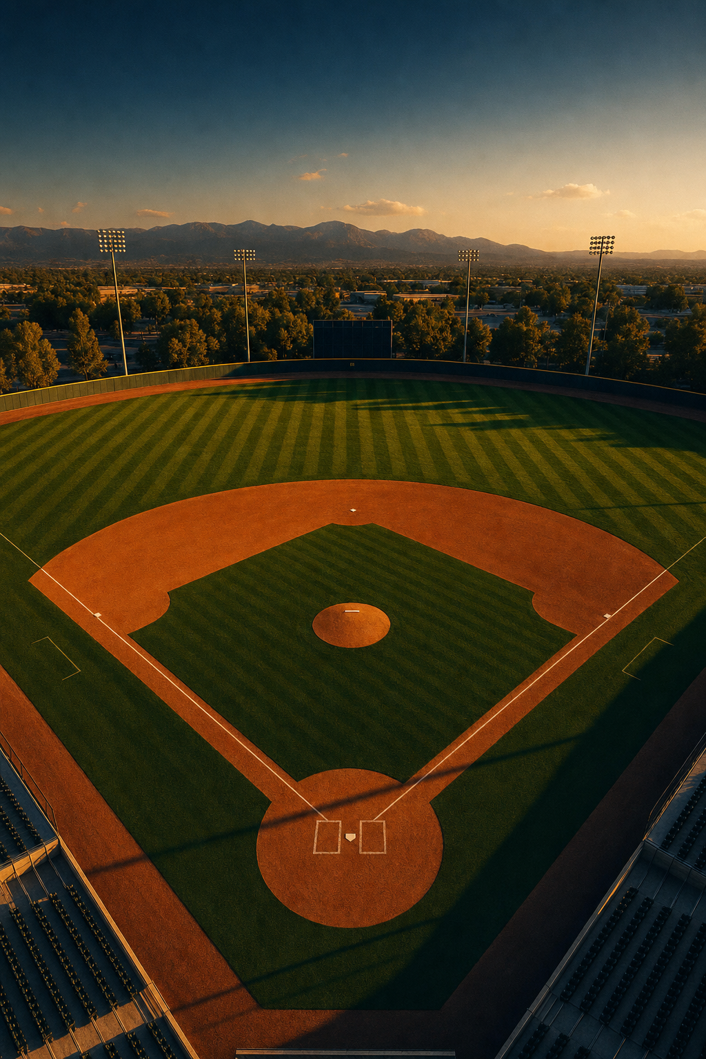 An empty baseball diamond at golden hour